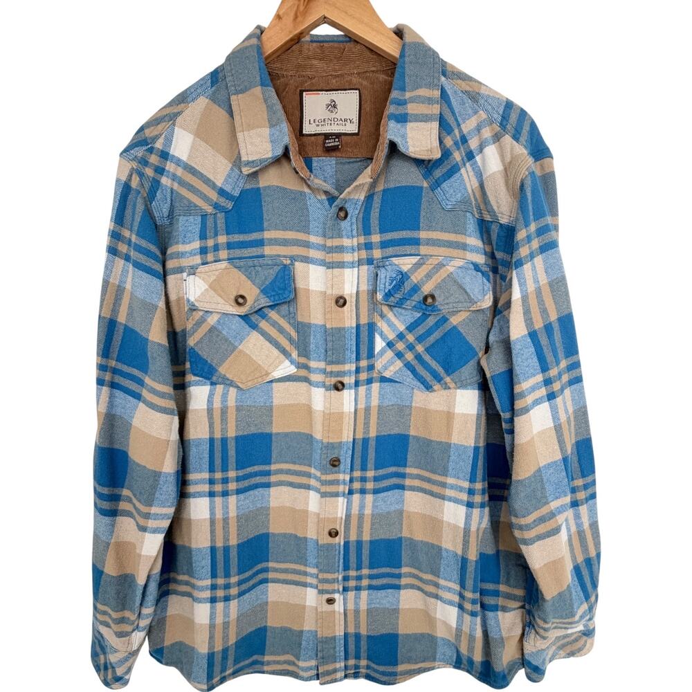 Legendary Whitetails Mens Large Blue Tan Plaid Flannel Snap Front Shirt